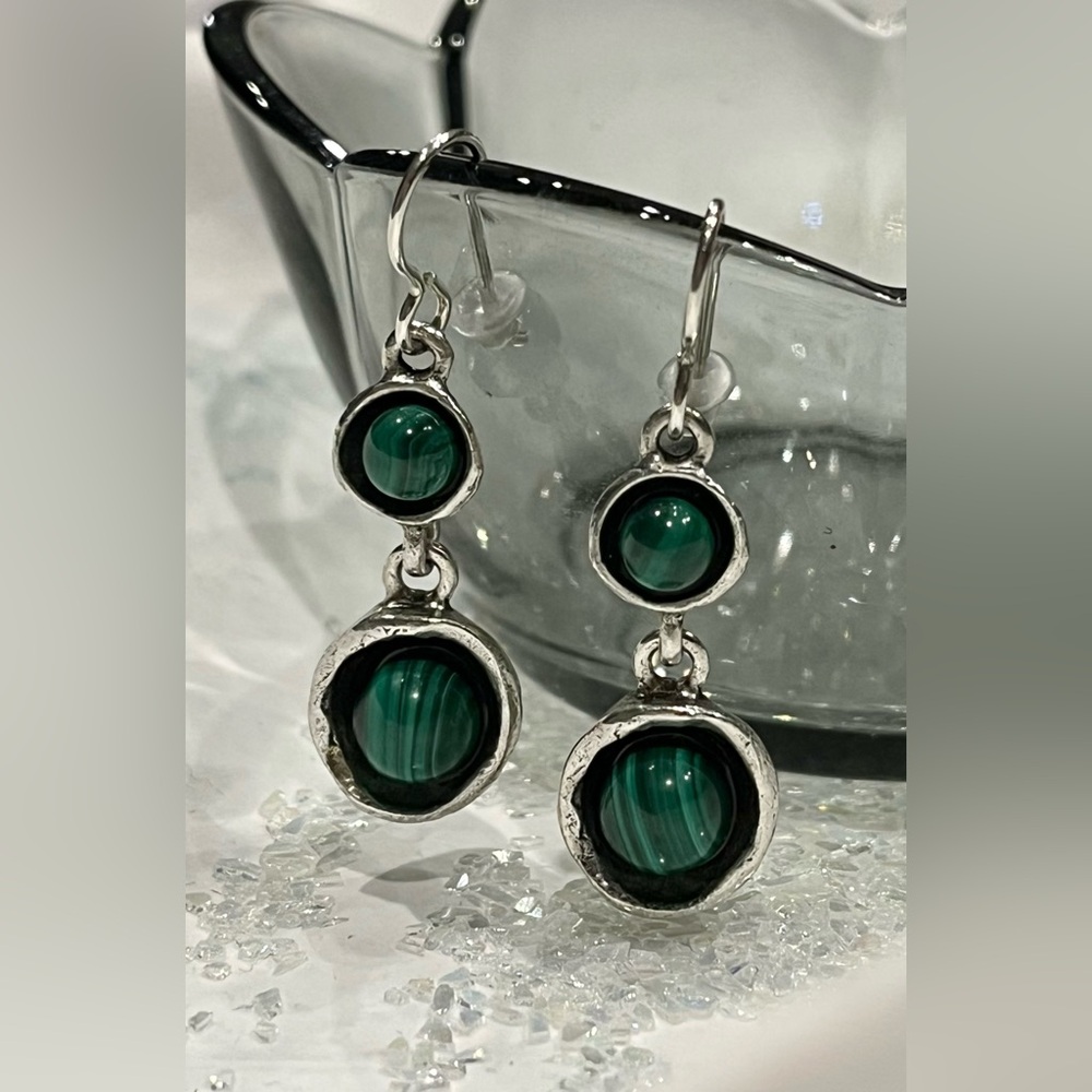 PATRICIA LOCKE RARE RETIRED MALACHITE ORBIT DANGLE EARRINGS (2012)